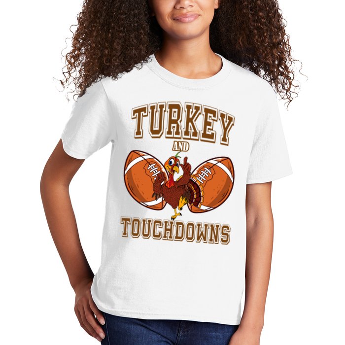 Turkey And Touchdowns Thanksgiving Football Kids T-Shirt