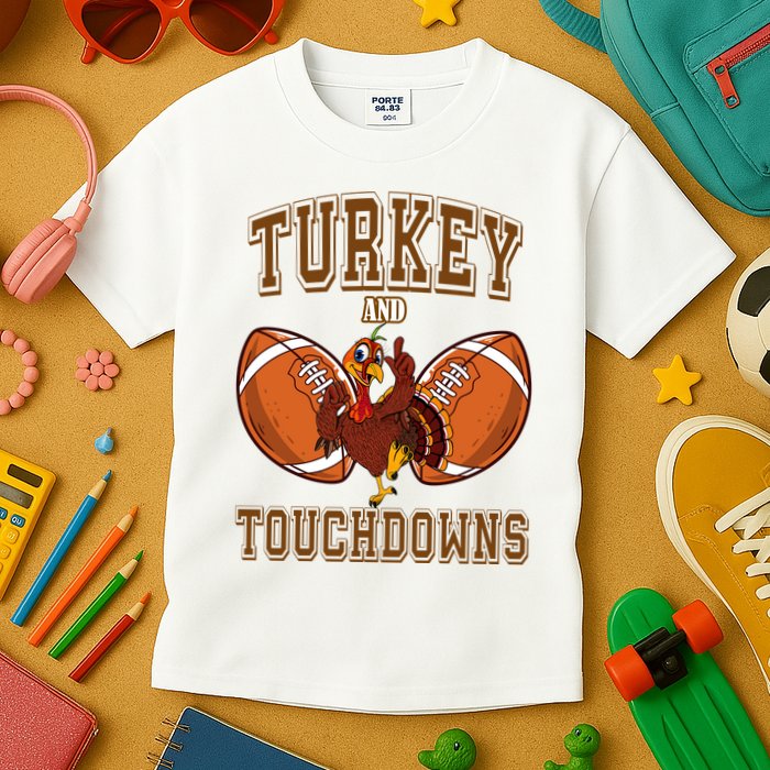 Turkey And Touchdowns Thanksgiving Football Kids T-Shirt
