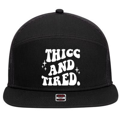 Thicc And Tired Funny Saying Groovy 7 Panel Mesh Trucker Snapback Hat