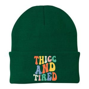 Thicc And Tired Funny Saying Groovy Women Thicc & Tired Knit Cap Winter Beanie