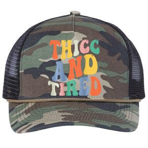 Thicc And Tired Funny Saying Groovy Women Thicc & Tired Retro Rope Trucker Hat Cap