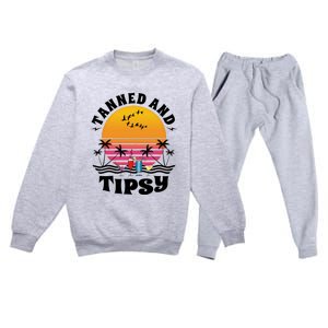 Tanned And Tipsy Beach Ing Retro Sunset Summer Vacation Cute Gift Premium Crewneck Sweatsuit Set