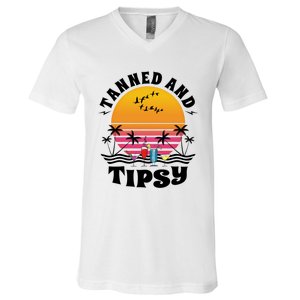 Tanned And Tipsy Beach Ing Retro Sunset Summer Vacation Cute Gift V-Neck T-Shirt