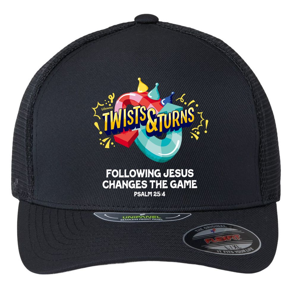 Twists And Turns VBS Follow Jesus Change The Games Flexfit Unipanel Trucker Cap