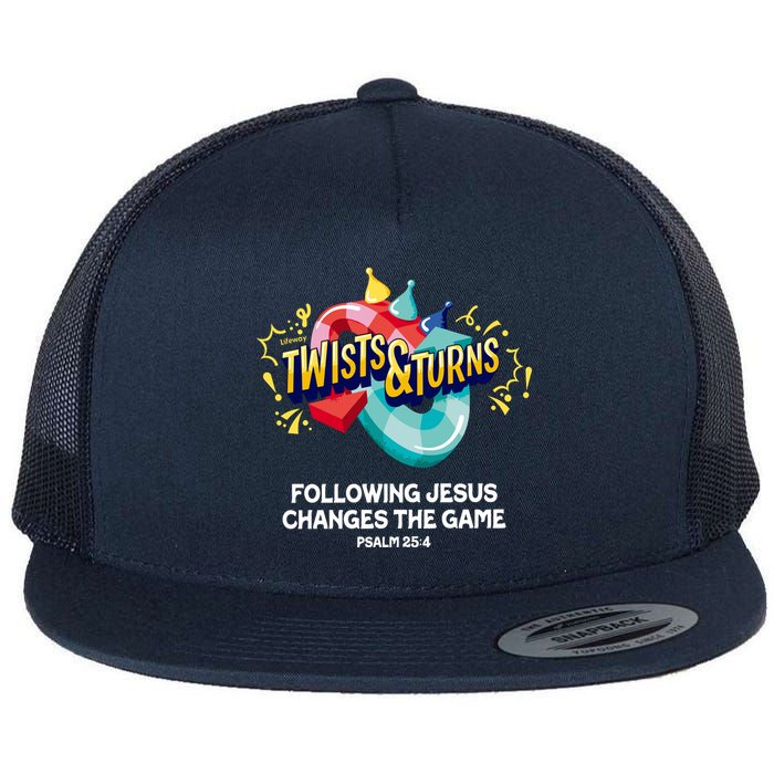 Twists And Turns VBS Follow Jesus Change The Games Flat Bill Trucker Hat