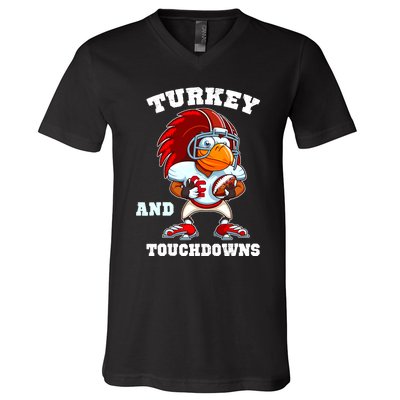 Turkey And Touchdowns Football Thanksgiving Funny V-Neck T-Shirt