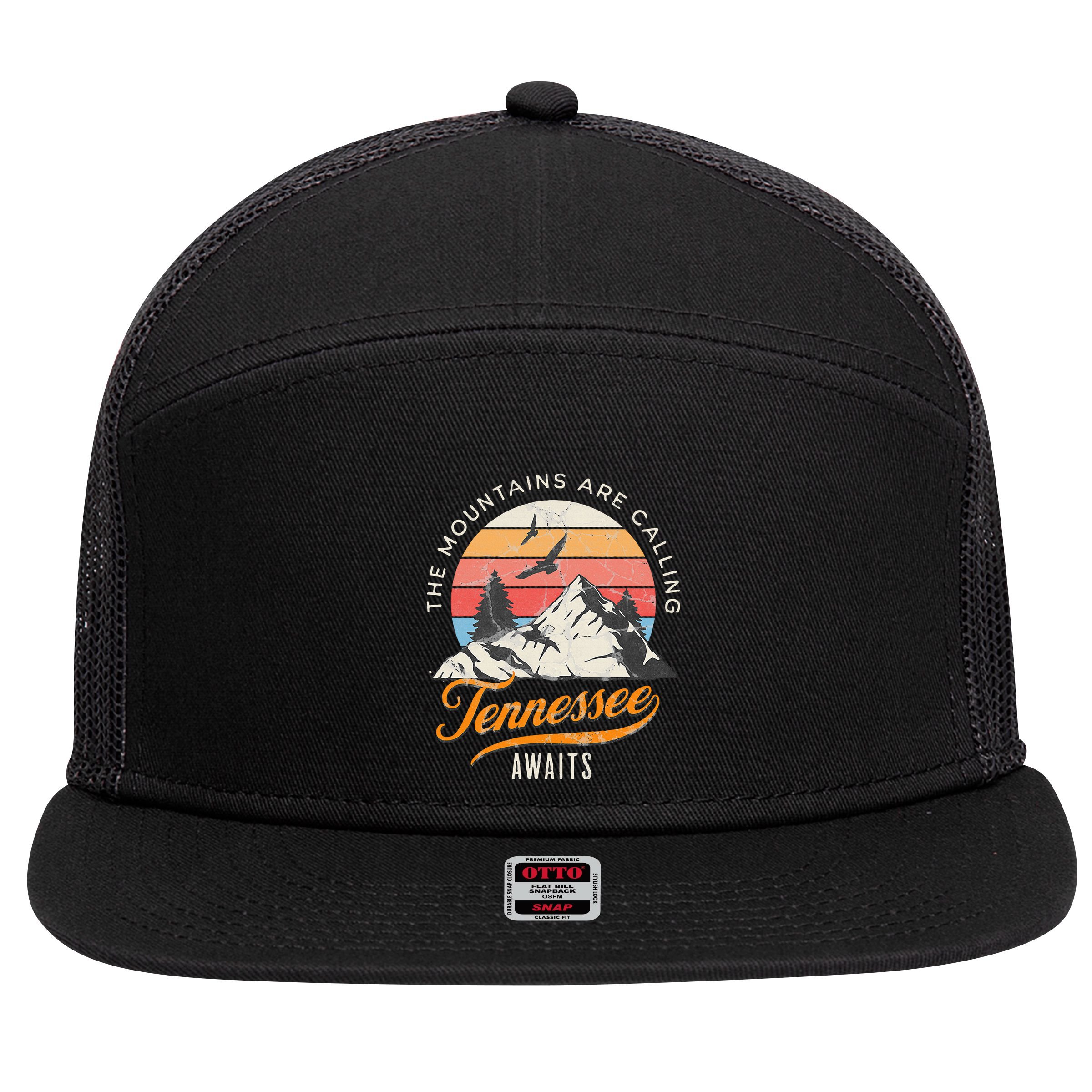 Tennessee Awaits The Mountains Are Calling Smokey Mountains 7 Panel Mesh Trucker Snapback Hat