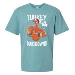 Turkey And Touchdowns Thanks Giving Funny Thanksgiving Gift Sueded Cloud Jersey T-Shirt