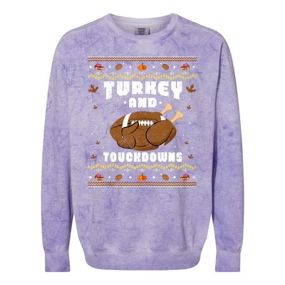 Turkey And Touchdowns Funny Ugly Thanksgiving Football Colorblast Crewneck Sweatshirt