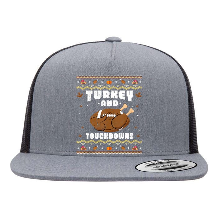 Turkey And Touchdowns Funny Ugly Thanksgiving Football Flat Bill Trucker Hat