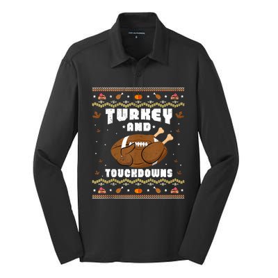 Turkey And Touchdowns Funny Ugly Thanksgiving Football Silk Touch Performance Long Sleeve Polo