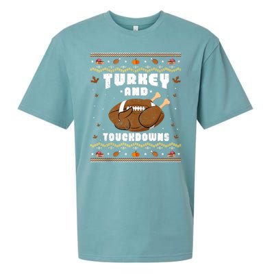 Turkey And Touchdowns Funny Ugly Thanksgiving Football Sueded Cloud Jersey T-Shirt