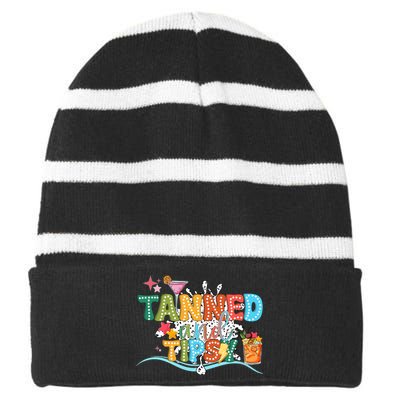 Tanned And Tipsy Funny Summer Quotes Striped Beanie with Solid Band