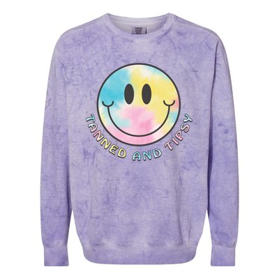 Tanned And Tipsy Tie Dye Happy Face Beach Smile Face Summer Funny Gift Colorblast Crewneck Sweatshirt