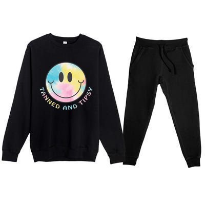 Tanned And Tipsy Tie Dye Happy Face Beach Smile Face Summer Funny Gift Premium Crewneck Sweatsuit Set