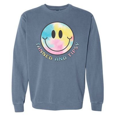 Tanned And Tipsy Tie Dye Happy Face Beach Smile Face Summer Funny Gift Garment-Dyed Sweatshirt