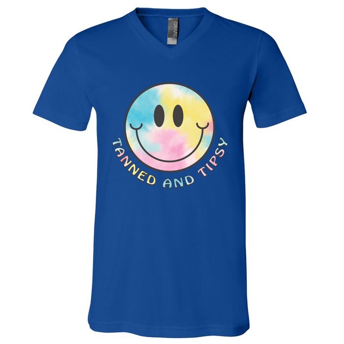 Tanned And Tipsy Tie Dye Happy Face Beach Smile Face Summer Funny Gift V-Neck T-Shirt