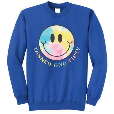 Tanned And Tipsy Tie Dye Happy Face Beach Smile Face Summer Funny Gift Tall Sweatshirt