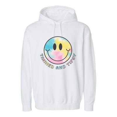 Tanned And Tipsy Tie Dye Happy Face Beach Smile Face Summer Funny Gift Garment-Dyed Fleece Hoodie