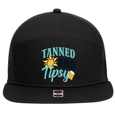 Tanned And Tipsy Vacation Quote Funny Gift 7 Panel Mesh Trucker Snapback Hat