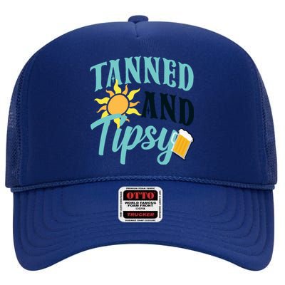 Tanned And Tipsy Vacation Quote Funny Gift High Crown Mesh Back Trucker Hat