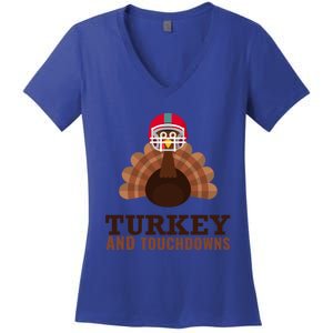 Turkey And Touchdowns Funny Thanksgiving Football Gift Women's V-Neck T-Shirt