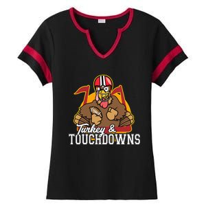 Turkey and Touchdowns Funny Thanksgiving Football Ladies Halftime Notch Neck Tee