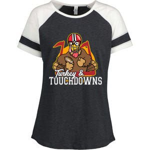 Turkey and Touchdowns Funny Thanksgiving Football Enza Ladies Jersey Colorblock Tee