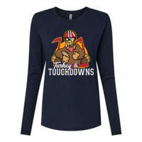 Turkey and Touchdowns Funny Thanksgiving Football Womens Cotton Relaxed Long Sleeve T-Shirt