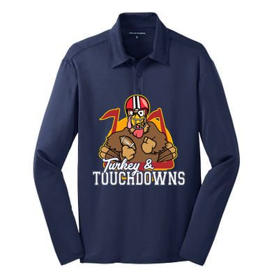 Turkey and Touchdowns Funny Thanksgiving Football Silk Touch Performance Long Sleeve Polo