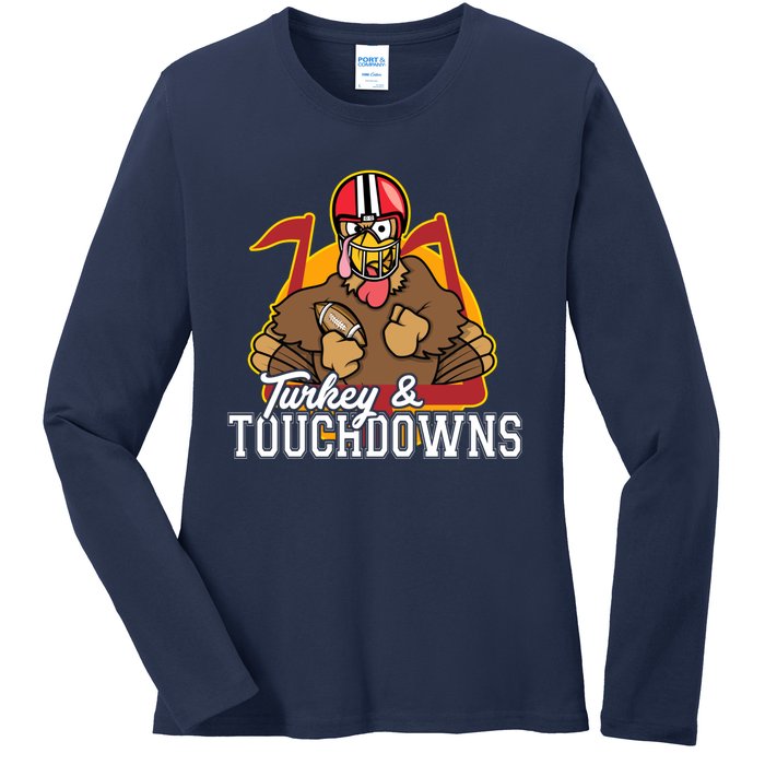 Turkey and Touchdowns Funny Thanksgiving Football Ladies Long Sleeve Shirt