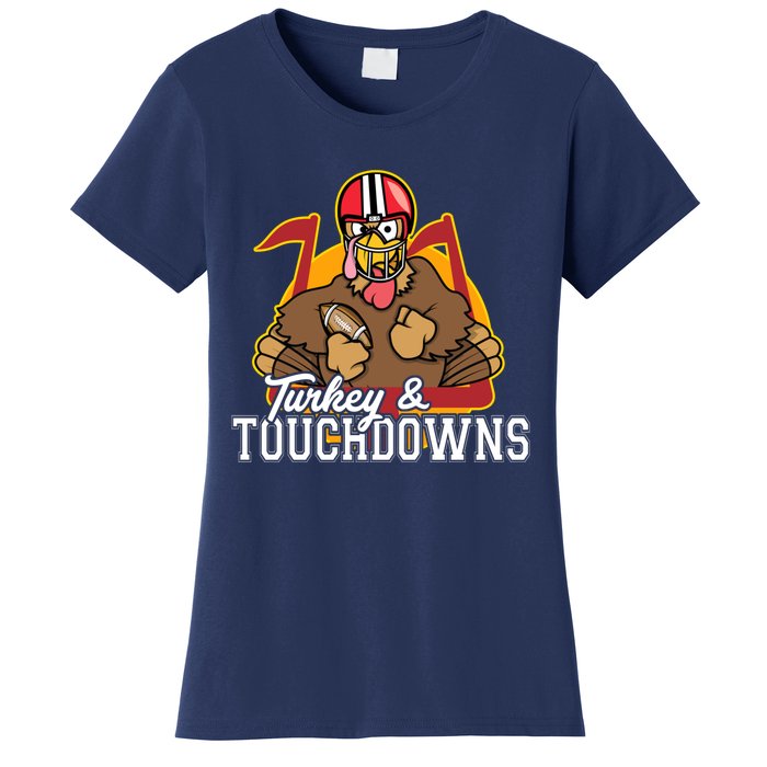 Turkey and Touchdowns Funny Thanksgiving Football Women's T-Shirt