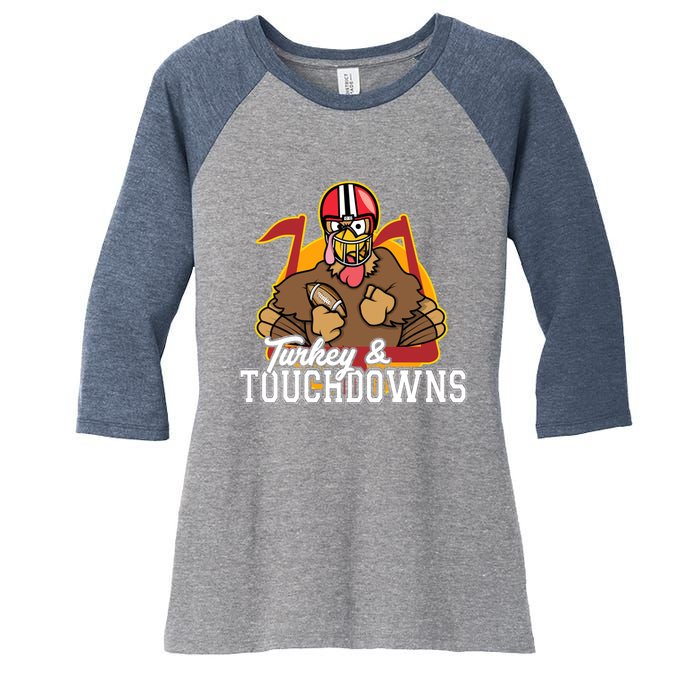 Turkey and Touchdowns Funny Thanksgiving Football Women's Tri-Blend 3/4-Sleeve Raglan Shirt