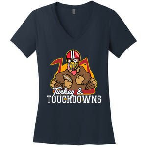 Turkey and Touchdowns Funny Thanksgiving Football Women's V-Neck T-Shirt