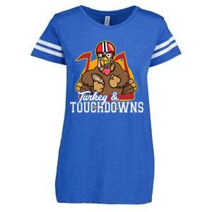 Turkey and Touchdowns Funny Thanksgiving Football Enza Ladies Jersey Football T-Shirt