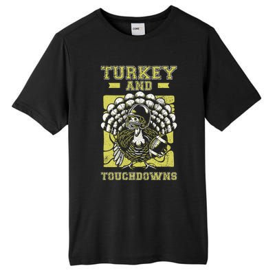 Turkey And Touchdowns Funny Football Turkey Thanksgiving Gift Tall Fusion ChromaSoft Performance T-Shirt