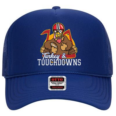 Turkey And Touchdowns Funny Thanksgiving Football Cute Gift High Crown Mesh Back Trucker Hat