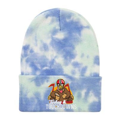 Turkey And Touchdowns Funny Thanksgiving Football Cute Gift Tie Dye 12in Knit Beanie