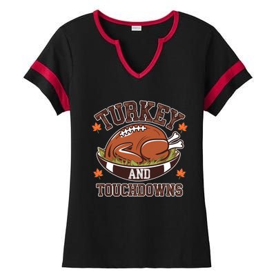 Turkey And Touchdowns Funny Thanksgiving Football Lovers Cool Gift Ladies Halftime Notch Neck Tee