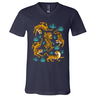 Tigers And Tropical Leaves V-Neck T-Shirt