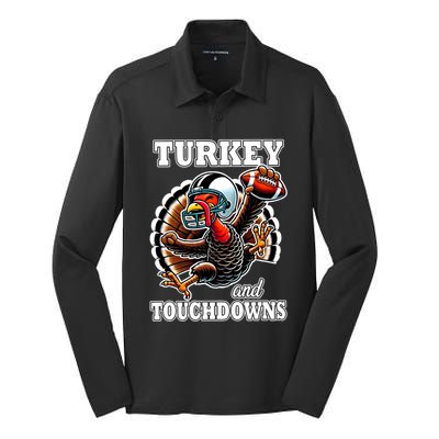 Turkey And Touchdowns Funny Football Thanksgiving Gift Silk Touch Performance Long Sleeve Polo