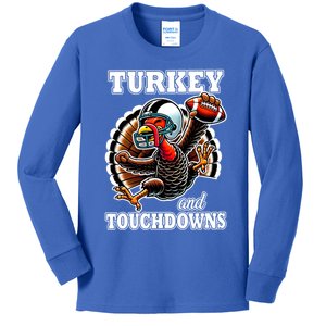 Turkey And Touchdowns Funny Football Thanksgiving Gift Kids Long Sleeve Shirt