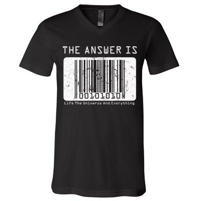 The Answer to Life The Universe and Everything in barcode V-Neck T-Shirt