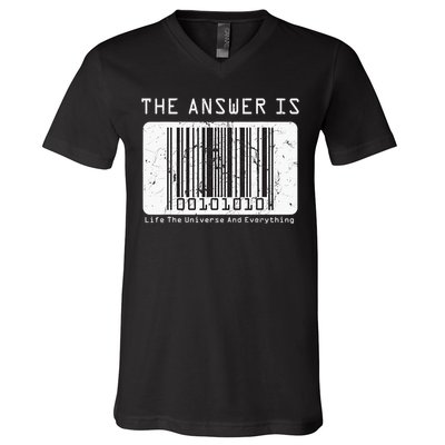 The Answer to Life The Universe and Everything in barcode V-Neck T-Shirt