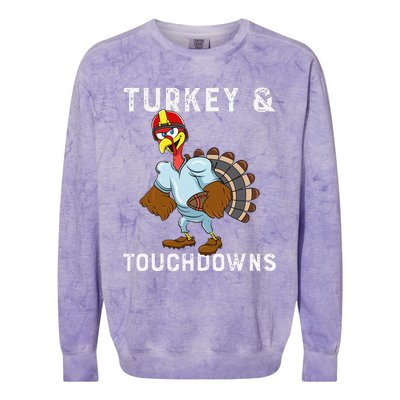 Turkey And Touchdowns Funny Thanksgiving Football Player Colorblast Crewneck Sweatshirt