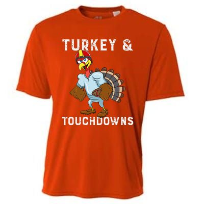 Turkey And Touchdowns Funny Thanksgiving Football Player Cooling Performance Crew T-Shirt