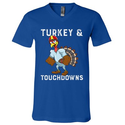 Turkey And Touchdowns Funny Thanksgiving Football Player V-Neck T-Shirt