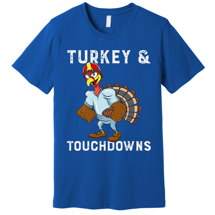 Turkey And Touchdowns Funny Thanksgiving Football Player Premium T-Shirt