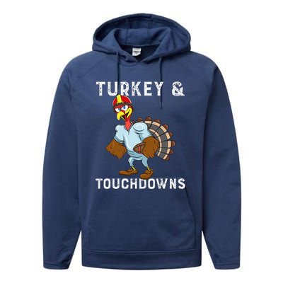 Turkey And Touchdowns Funny Thanksgiving Football Player Performance Fleece Hoodie