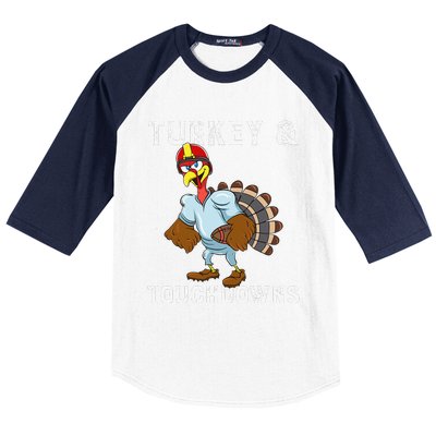 Turkey And Touchdowns Funny Thanksgiving Football Player Baseball Sleeve Shirt